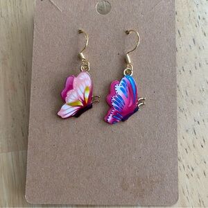 Asymmetrical Pink and Blue Butterfly Earrings